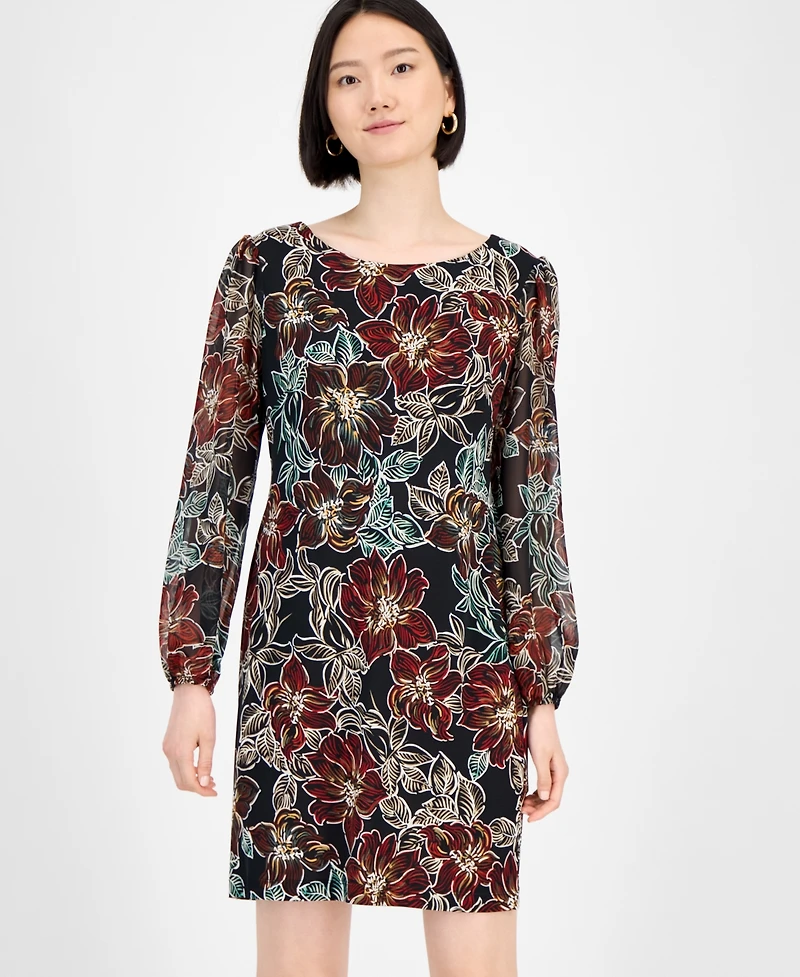 Connected Petite Floral Long-Sleeve Sheath Dress