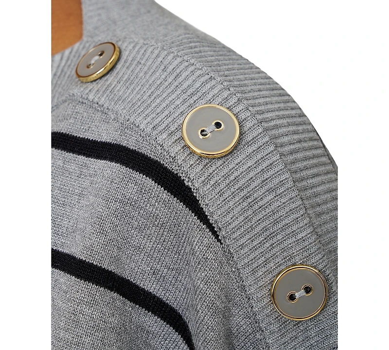 Melissa Paige Women's Striped Button-Shoulder Boatneck 3/4-Sleeve Sweater