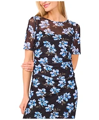 CeCe Women's Short Sleeve Ruched Side Mesh Crew Neck Midi Dress