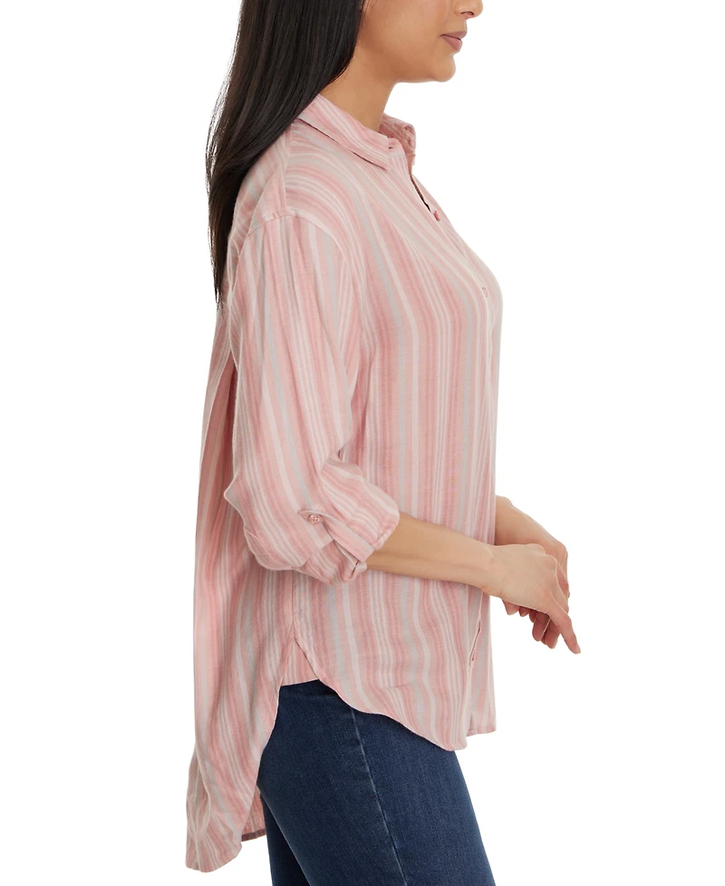 Gloria Vanderbilt Women's Amanda Striped Roll-Tab-Sleeve Button-Front Shirt - Guava Ice