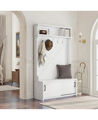 Boyel Living Hall Tree with Top Shelf and Storage Bench, Hallway Shoe Cabinet with Sliding Doors, Coat Rack with 5 Hanging Hooks for Entryways Hallway