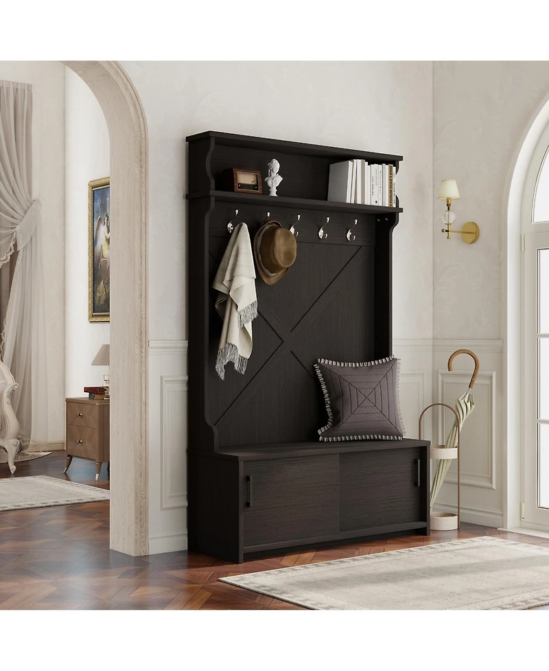 Boyel Living Hall Tree with Top Shelf and Storage Bench, Hallway Shoe Cabinet Sliding Doors, Coat Rack 5 Hanging Hooks for Entryways