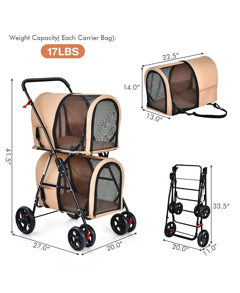 Ecooso 4-in-1 Double Pet Stroller with Detachable Carrier and Travel Carriage