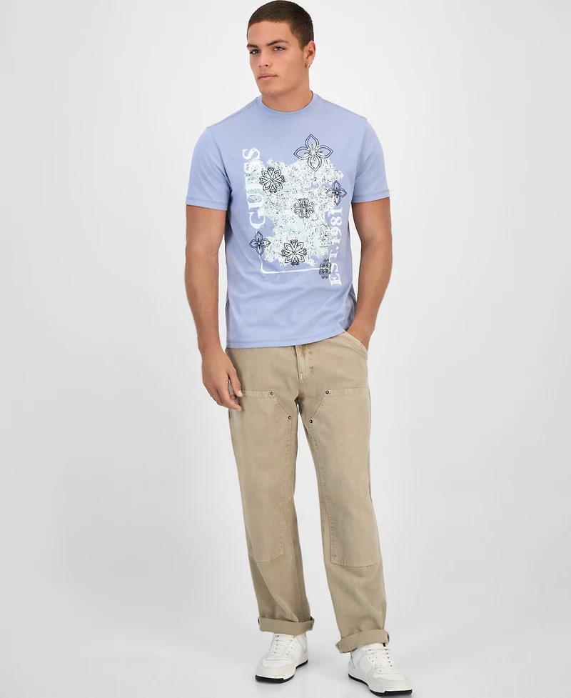 Guess Men's Faded Flower Short Sleeve Logo Graphic T-Shirt