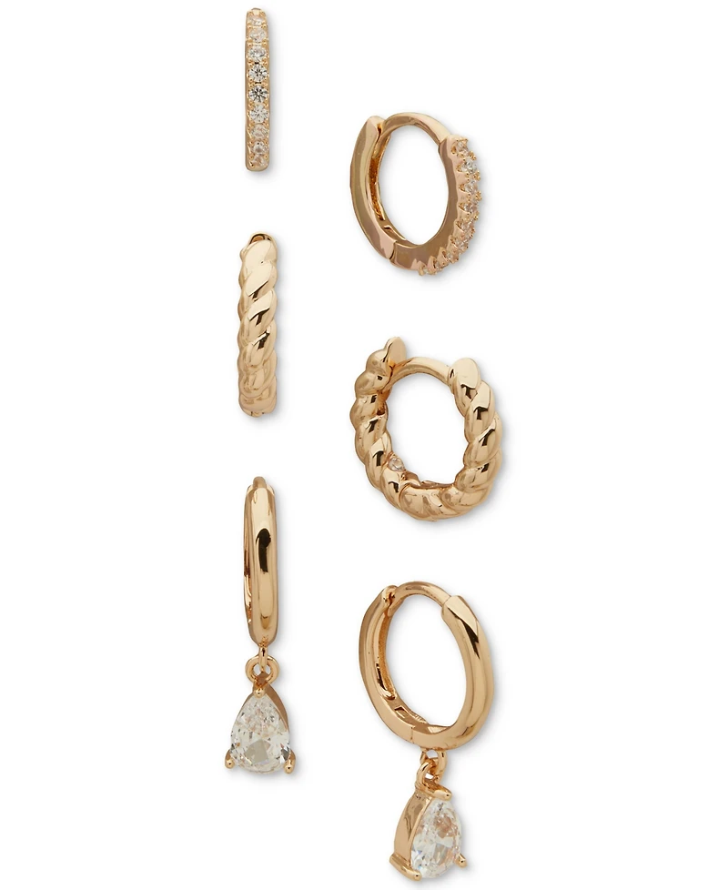 Anne Klein Metal 3-Pc. Set Texture Crystal Hoop Earrings