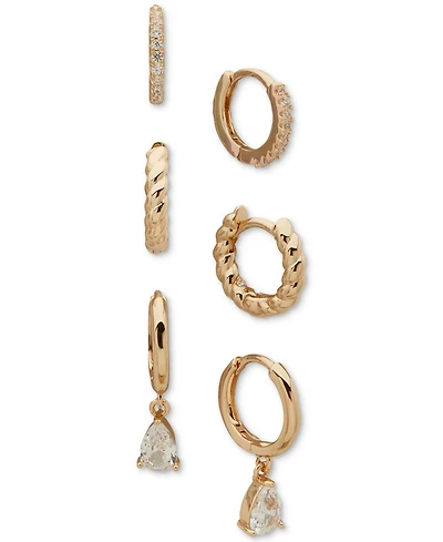 Anne Klein Metal 3-Pc. Set Texture Crystal Hoop Earrings