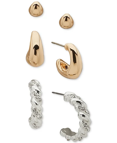Anne Klein Two-Tone 3-Pc. Set Twist Puffy Hoop Earrings