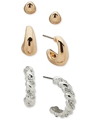 Anne Klein Two-Tone 3-Pc. Set Twist Puffy Hoop Earrings