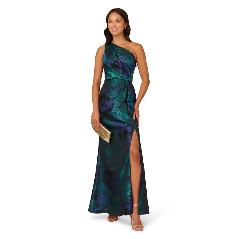 Adrianna Papell Women's Jacquard Printed Asymmetric One-Shoulder Gown