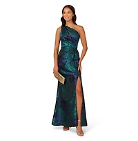 Adrianna Papell Women's Jacquard Printed Asymmetric One-Shoulder Gown