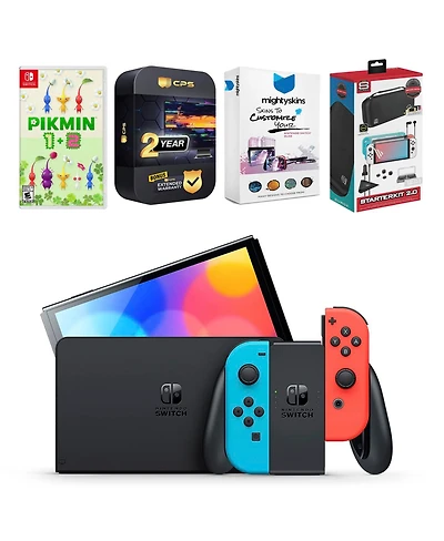 Nintendo Switch Neon Oled with Pikmin 1 + 2, Gaming Kit, MightySkins Voucher and 2 Year Cps Extended Warranty