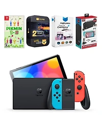 Nintendo Switch Neon Oled with Pikmin 1 + 2, Gaming Kit, MightySkins Voucher and 2 Year Cps Extended Warranty