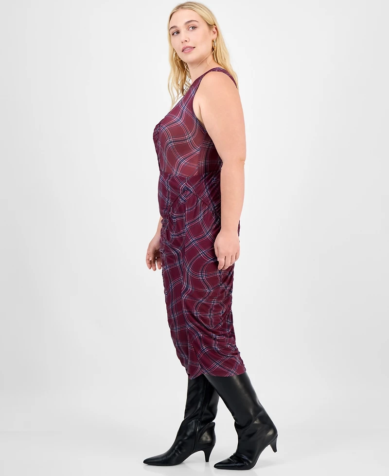 Bar Iii Trendy Plus Plaid Asymmetric-Ruching Midi Skirt, Macy's Exclusive