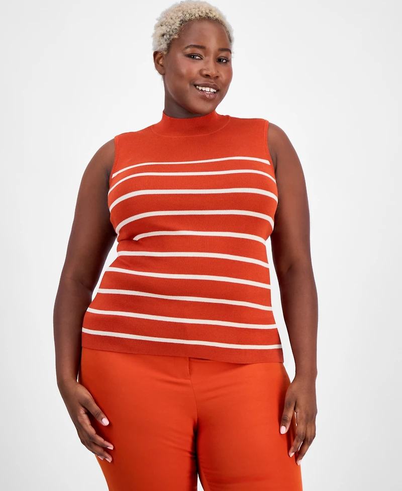 Tahari Asl Plus Striped Mock-Neck Sleeveless Sweater