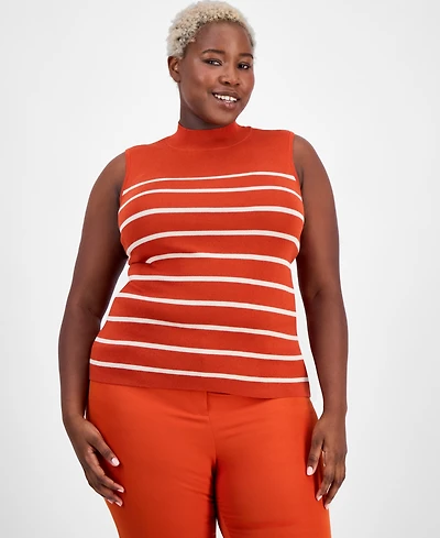Tahari Asl Plus Striped Mock-Neck Sleeveless Sweater