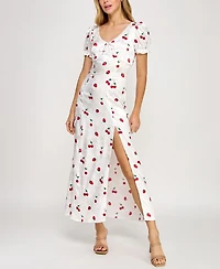 Crystal Doll Juniors' Printed Satin Puff-Sleeve Midi Dress