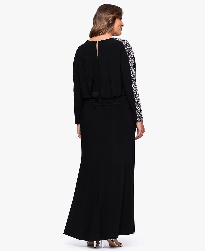 Betsy & Adam Plus Scoop-Neck Long-Beaded-Sleeve Dress