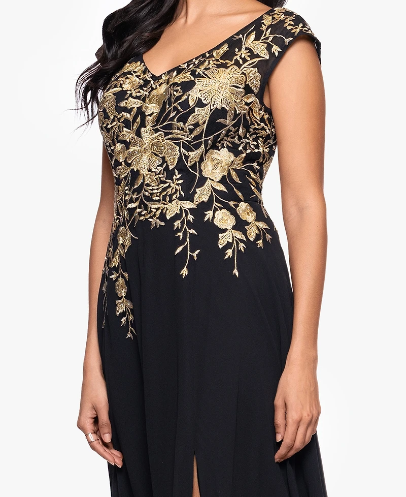 Betsy & Adam Petites Chiffon V-Neck Long A-Line Dress