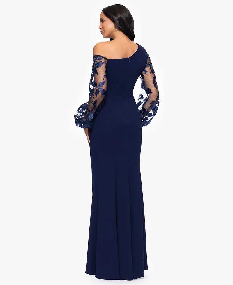 Betsy & Adam Petites Scuba Crepe Asymmetrical-Neck Long Dress