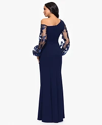Betsy & Adam Petites Scuba Crepe Asymmetrical-Neck Long Dress