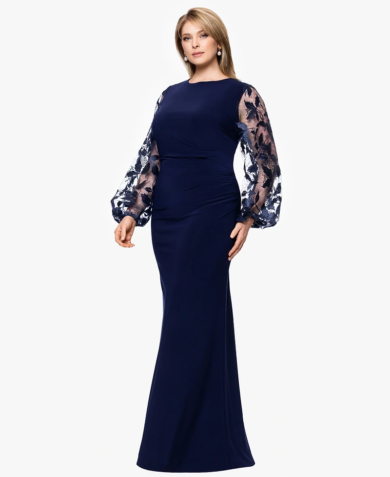 Betsy & Adam Plus Embroidered Scuba Crepe Long Dress