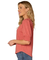 Democracy Petite Smocking-Trim Blouson-Sleeve Top