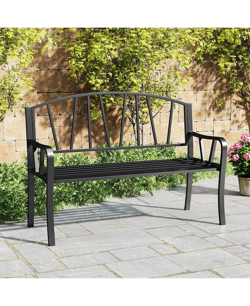 Gymax 51'' Metal Garden Bench Patio Slatted Bench for 2-3 People & Park-Style Loveseat