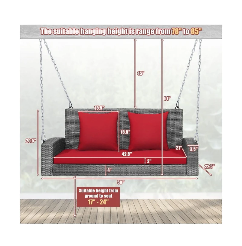 2-Person Patio Pe Wicker Hanging Porch Swing Bench Chair Cushion 800 Pounds