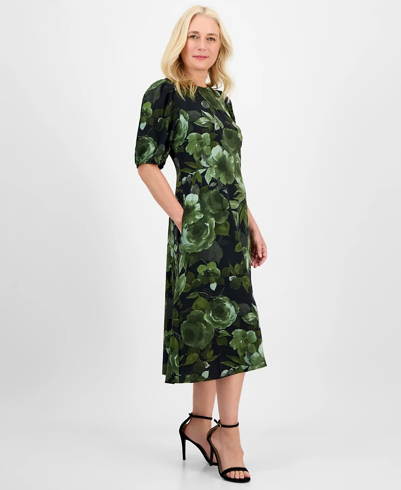 Connected Women's Woven Puff-Sleeve Round-Neck Midi Dress