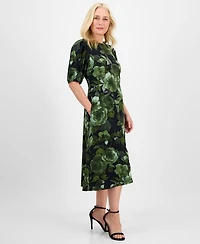Connected Women's Woven Puff-Sleeve Round-Neck Midi Dress