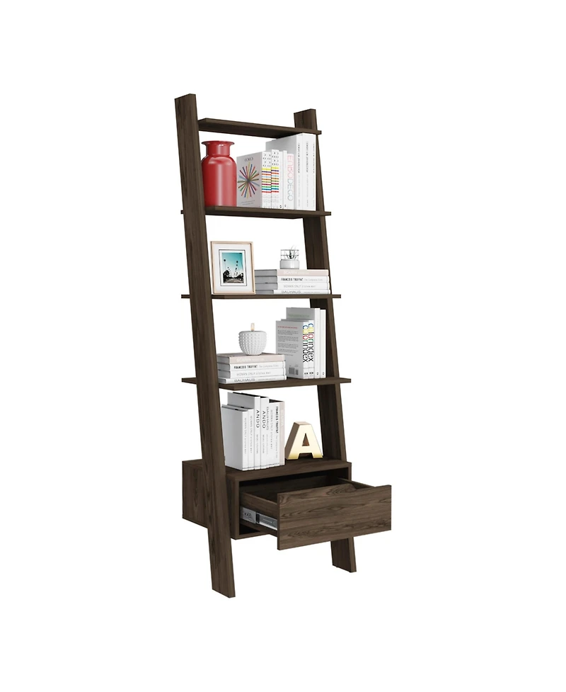 Depot E-shop Kobe Ladder Bookcase, One Drawer, Five Open Shelves, Dark Walnut