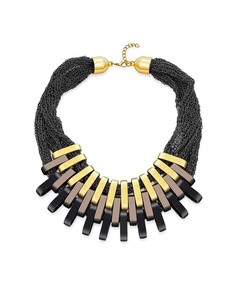 Bling Jewelry Fashion Black Chain Mail Golden Bronze Black Tri Tone Geometric Wide Big Fan Bib Statement Necklace Adjustable