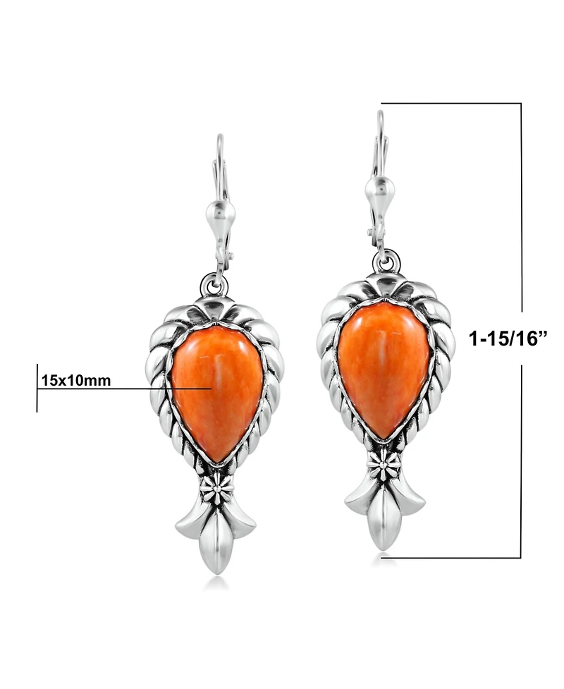 American West Jewelry Sterling Silver Orange Spiny Oyster Pear Gemstone Squash Blossom Lever Back Earrings
