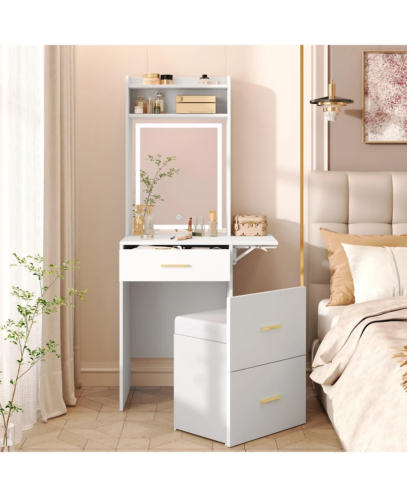 Mondawe 20" Vanity Desk with Mirror and Light, Charging Station & Fold-up Panel