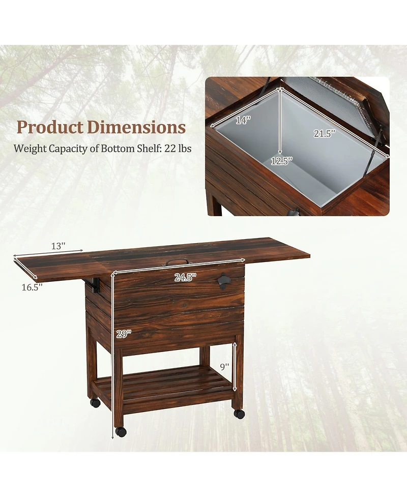 Mecale 54 Quart Wooden Cooler Cart for Patio Rolling Ice Chest with Shelves