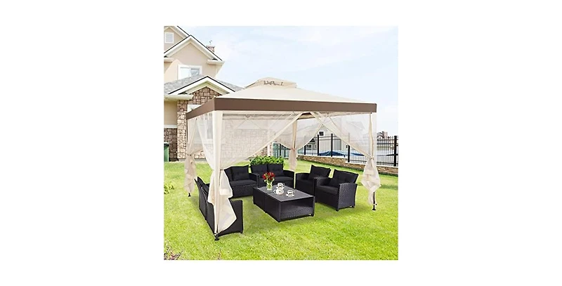 10 x 10 Feet Patio Canopy Gazebo with Neting and Double Tiered Roof