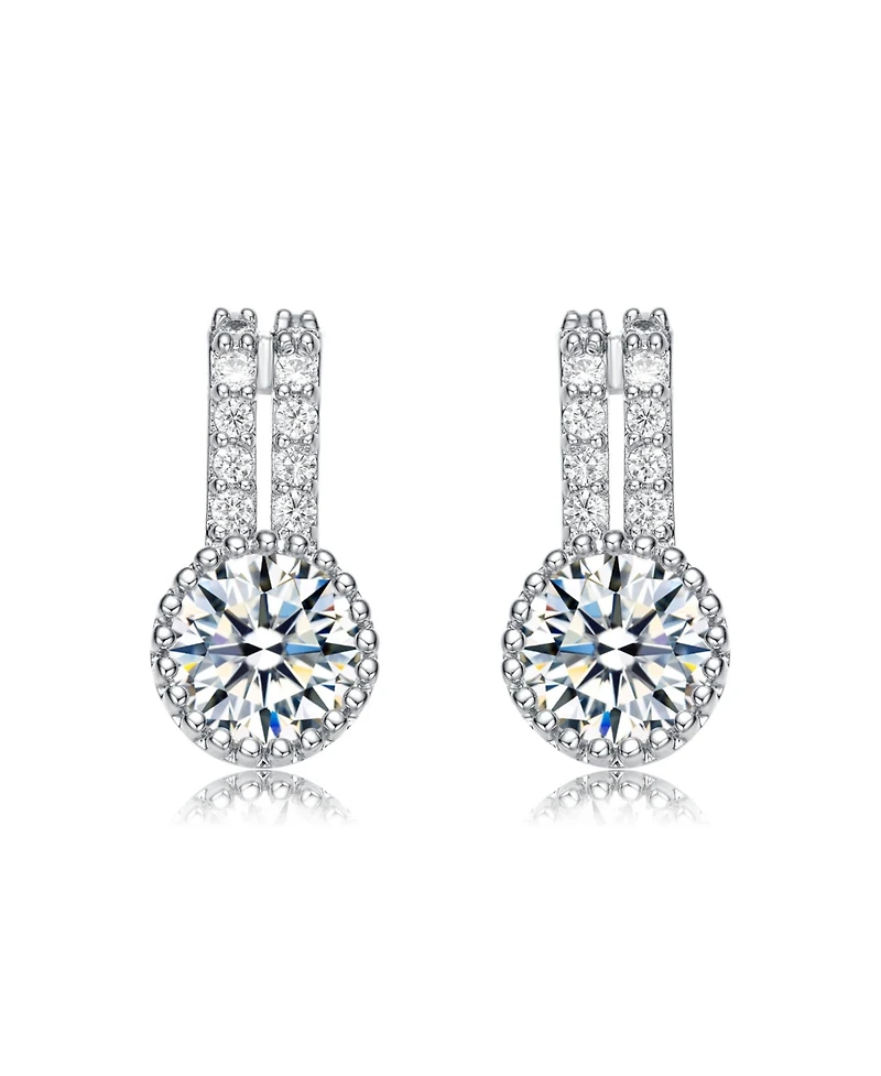 Rachel Glauber White Gold Plating with Clear Cubic Zirconia Solitaire Milgrain Double Drop Earrings