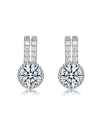 Rachel Glauber White Gold Plating with Clear Cubic Zirconia Solitaire Milgrain Double Drop Earrings
