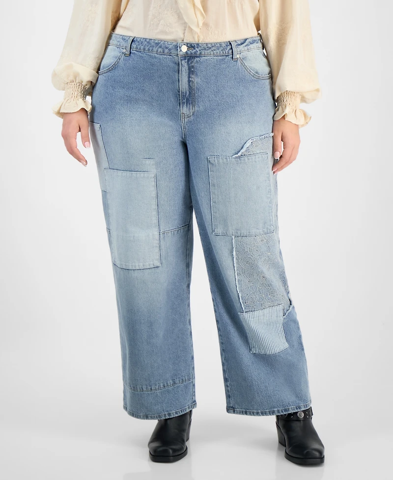 And Now This Trendy Plus Patchwork High Rise Wide Leg Jeans, Macy's Exclusive