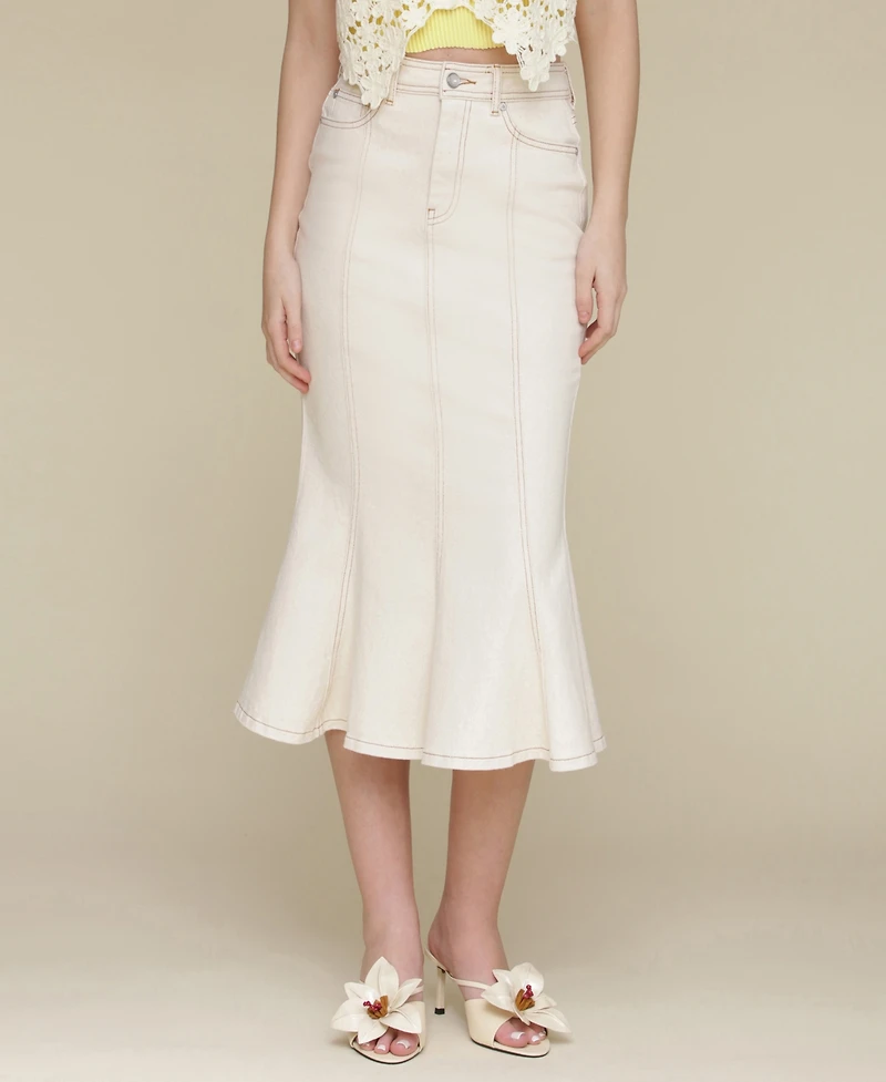 Avec Les Filles Women's Panelled Flare Denim Midi Skirt