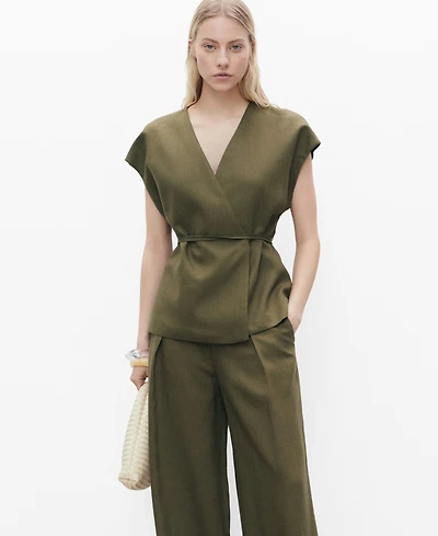 Mango Women's Linen-Blend Wrap Top