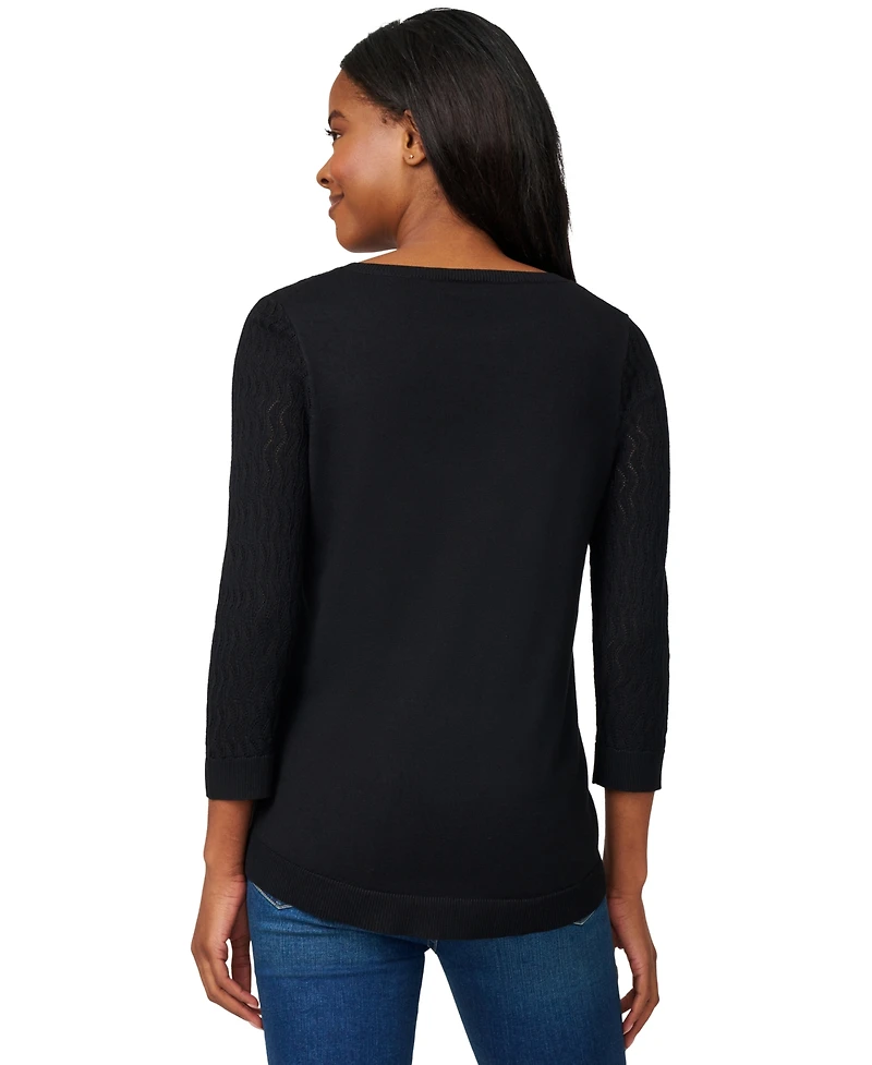 Melissa Paige Women's Crewneck Pointelle 3/4-Sleeve Lightweight Sweater