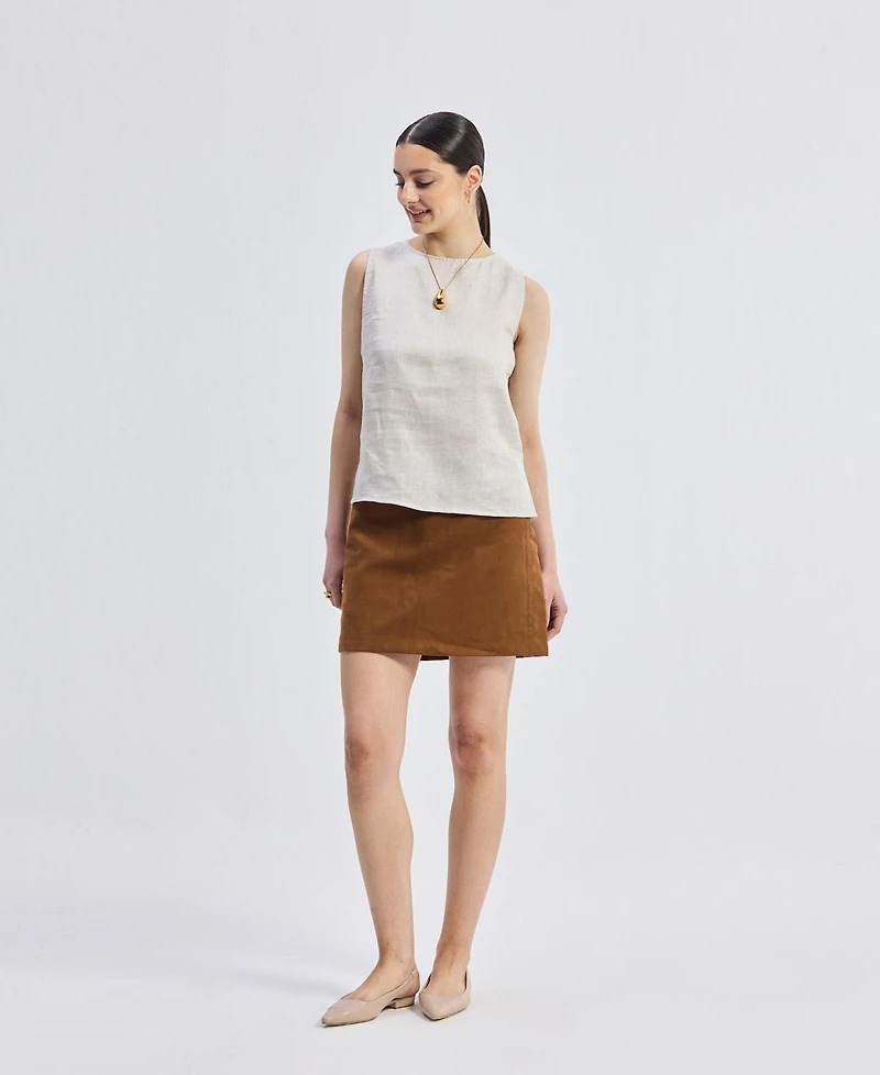 Reistor Women's Boat Neck Top Checkered Linen