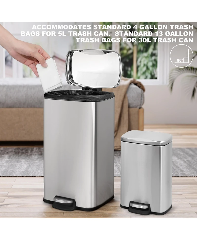 8 Gal./30 Liter and 1.3 Gal./5 Liter Rectangular Stainless Steel Step-on Trash Can Set for Kitchen and Bathroom