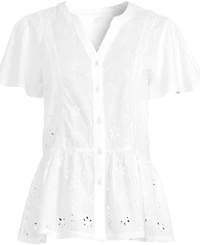 Lands' End Women's Short Sleeve Mixed Media Eyelet Top