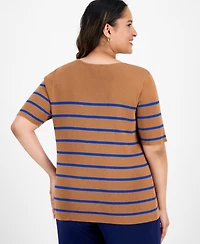Tahari Asl Plus Striped Short-Sleeve Top