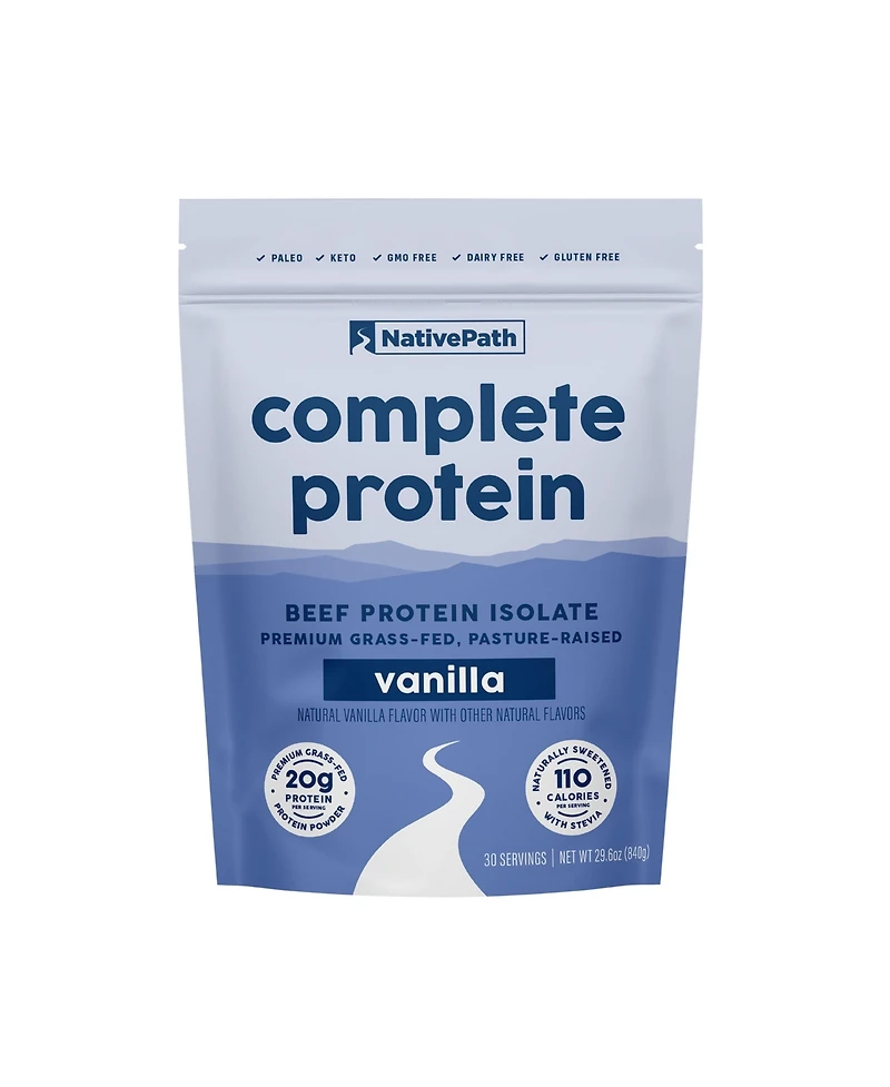 NativePath Complete Beef Protein Powder Isolate – 20g Protein, Vanilla Flavor, 30 Servings