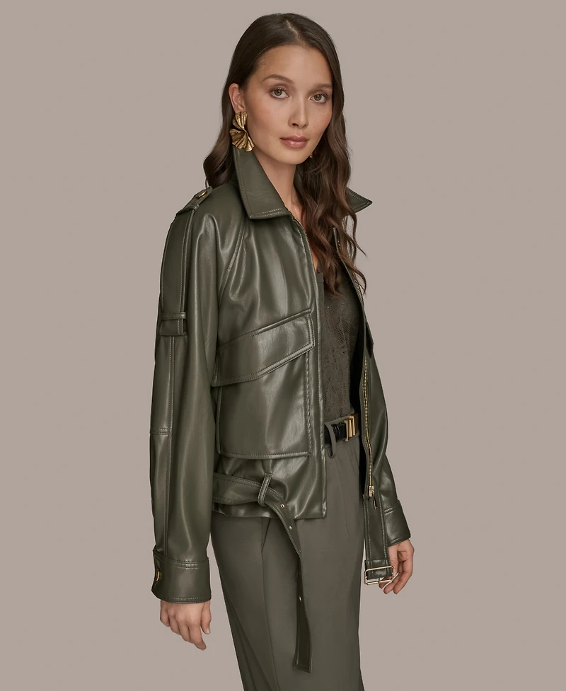 Donna Karan New York Women's Faux-Leather Zip-Front Belted Jacket
