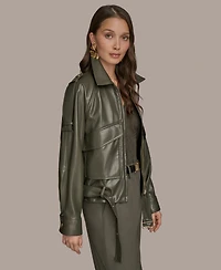 Donna Karan New York Women's Faux-Leather Zip-Front Belted Jacket