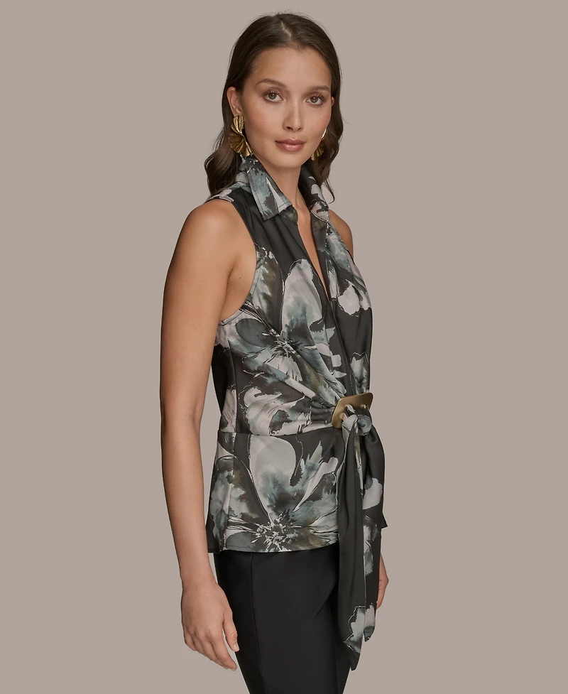 Donna Karan New York Women's Printed Sleeveless Faux-Wrap Hardware Top